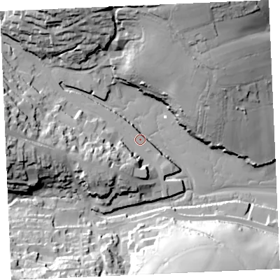 Shaded relief map of the ground around TR108AR, computed from Environment Agency LiDAR. The ground here sits at about 3 m above sea level and falls 42 m across the surrounding 800 m. Surface water reaching this point runs off ground lying to the north, 41.7 m higher.