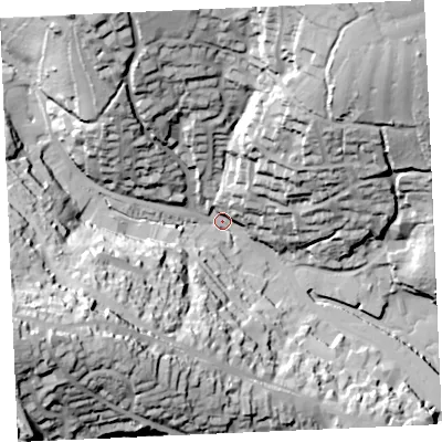 Shaded relief map of the ground around TR108BA, computed from Environment Agency LiDAR. The ground here sits at about 6 m above sea level and falls 62 m across the surrounding 800 m. Surface water reaching this point runs off ground lying to the north-north-east, 57.7 m higher.