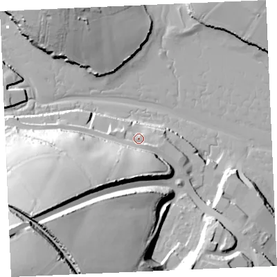 Shaded relief map of the ground around TR108BE, computed from Environment Agency LiDAR. The ground here sits at about 6 m above sea level and falls 64 m across the surrounding 800 m. Surface water reaching this point runs off ground lying to the south-east, 4.7 m higher.