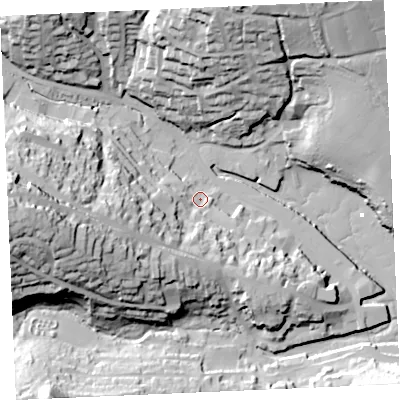 Shaded relief map of the ground around TR108BJ, computed from Environment Agency LiDAR. The ground here sits at about 6 m above sea level and falls 54 m across the surrounding 800 m. Surface water reaching this point runs off ground lying to the west-south-west, 30.5 m higher.