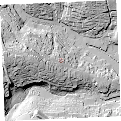 Shaded relief map of the ground around TR108BN, computed from Environment Agency LiDAR. The ground here sits at about 29 m above sea level and falls 62 m across the surrounding 800 m. Surface water reaching this point runs off ground lying to the west, 21.6 m higher.