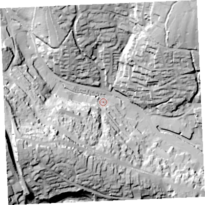 Shaded relief map of the ground around TR108BS, computed from Environment Agency LiDAR. The ground here sits at about 7 m above sea level and falls 64 m across the surrounding 800 m. Surface water reaching this point runs off ground lying to the west-south-west, 57.4 m higher.