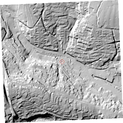 Shaded relief map of the ground around TR108BT, computed from Environment Agency LiDAR. The ground here sits at about 7 m above sea level and falls 62 m across the surrounding 800 m. Surface water reaching this point runs off ground lying to the south-west, 45.1 m higher.