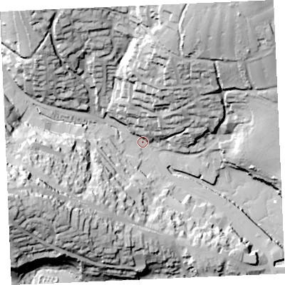 Shaded relief map of the ground around TR108BZ, computed from Environment Agency LiDAR. The ground here sits at about 4 m above sea level and falls 61 m across the surrounding 800 m. Surface water reaching this point runs off ground lying to the north-north-east, 50.4 m higher.