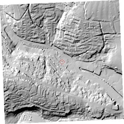 Shaded relief map of the ground around TR108DA, computed from Environment Agency LiDAR. The ground here sits at about 4 m above sea level and falls 60 m across the surrounding 800 m. Surface water reaching this point runs off ground lying to the north-north-east, 54.8 m higher.