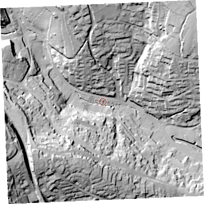 Shaded relief map of the ground around TR108DH, computed from Environment Agency LiDAR. The ground here sits at about 8 m above sea level and falls 71 m across the surrounding 800 m. Surface water reaching this point runs off ground lying to the south-west, 54.3 m higher.