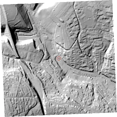 Shaded relief map of the ground around TR108DJ, computed from Environment Agency LiDAR. The ground here sits at about 14 m above sea level and falls 93 m across the surrounding 800 m. Surface water reaching this point runs off ground lying to the west-south-west, 76.8 m higher.