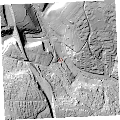 Shaded relief map of the ground around TR108DL, computed from Environment Agency LiDAR. The ground here sits at about 17 m above sea level and falls 95 m across the surrounding 800 m. Surface water reaching this point runs off ground lying to the south-west, 79.7 m higher.