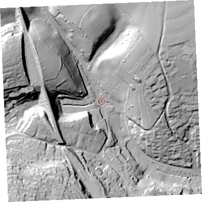 Shaded relief map of the ground around TR108DW, computed from Environment Agency LiDAR. The ground here sits at about 20 m above sea level and falls 92 m across the surrounding 800 m. Surface water reaching this point runs off ground lying to the north-north-east, 51.8 m higher.