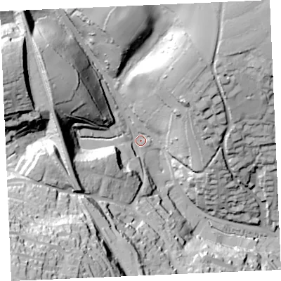 Shaded relief map of the ground around TR108FB, computed from Environment Agency LiDAR. The ground here sits at about 19 m above sea level and falls 92 m across the surrounding 800 m. Surface water reaching this point runs off ground lying to the north-north-east, 52.2 m higher.
