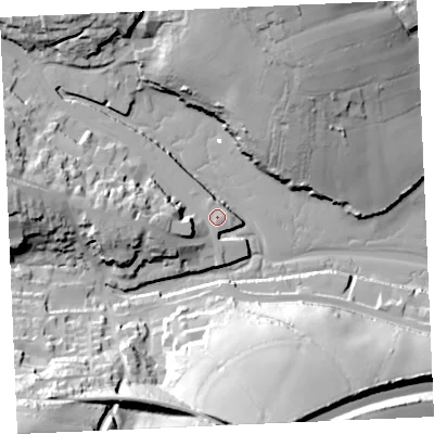 Shaded relief map of the ground around TR108FG, computed from Environment Agency LiDAR. The ground here sits at about 4 m above sea level and falls 58 m across the surrounding 800 m. Surface water reaching this point runs off ground lying to the west, 11.6 m higher.
