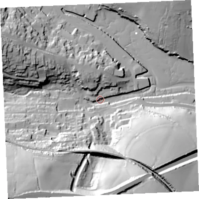 Shaded relief map of the ground around TR108GE, computed from Environment Agency LiDAR. The ground here sits at about 2 m above sea level and falls 80 m across the surrounding 800 m. Surface water reaching this point runs off ground lying to the south-west, 74.5 m higher.