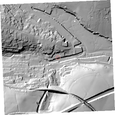 Shaded relief map of the ground around TR108GF, computed from Environment Agency LiDAR. The ground here sits at about 4 m above sea level and falls 75 m across the surrounding 800 m. Surface water reaching this point runs off ground lying to the south-west, 73.7 m higher.