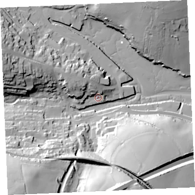 Shaded relief map of the ground around TR108GX, computed from Environment Agency LiDAR. The ground here sits at about 5 m above sea level and falls 71 m across the surrounding 800 m. Surface water reaching this point runs off ground lying to the north-north-west, 11.6 m higher.