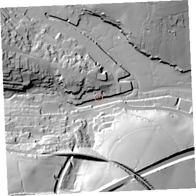 Shaded relief map of the ground around TR108GY, computed from Environment Agency LiDAR. The ground here sits at about 4 m above sea level and falls 74 m across the surrounding 800 m. Surface water reaching this point runs off ground lying to the south-west, 72.8 m higher.