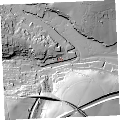 Shaded relief map of the ground around TR108GZ, computed from Environment Agency LiDAR. The ground here sits at about 3 m above sea level and falls 69 m across the surrounding 800 m. Surface water reaching this point runs off ground lying to the south-west, 65.2 m higher.
