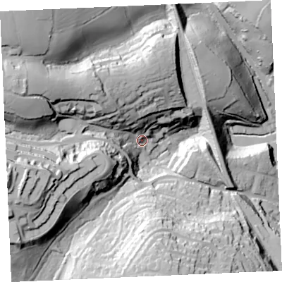 Shaded relief map of the ground around TR108JA, computed from Environment Agency LiDAR. The ground here sits at about 49 m above sea level and falls 84 m across the surrounding 800 m. Surface water reaching this point runs off ground lying to the west-south-west, 73.8 m higher.