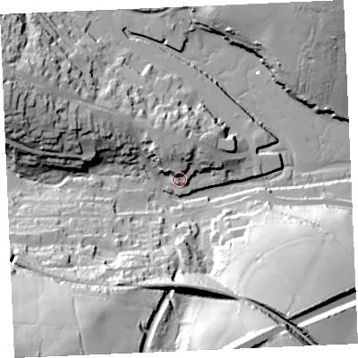 Shaded relief map of the ground around TR108JG, computed from Environment Agency LiDAR. The ground here sits at about 6 m above sea level and falls 79 m across the surrounding 800 m. Surface water reaching this point runs off ground lying to the north-north-west, 13.5 m higher.