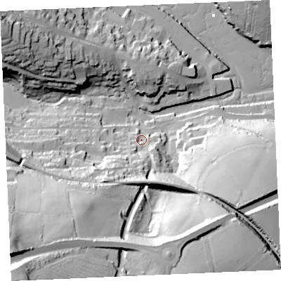 Shaded relief map of the ground around TR108JU, computed from Environment Agency LiDAR. The ground here sits at about 11 m above sea level and falls 102 m across the surrounding 800 m. Surface water reaching this point runs off ground lying to the south-south-west, 59.5 m higher.