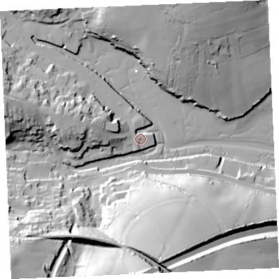 Shaded relief map of the ground around TR108LS, computed from Environment Agency LiDAR. The ground here sits at about 3 m above sea level and falls 61 m across the surrounding 800 m. Surface water reaching this point runs off ground lying to the west, 6.9 m higher.