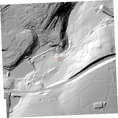 Shaded relief map of the ground around TR108NB, computed from Environment Agency LiDAR. The ground here sits at about 61 m above sea level and falls 95 m across the surrounding 800 m. Surface water reaching this point runs off ground lying to the south-east, 33.1 m higher.