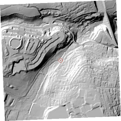 Shaded relief map of the ground around TR108RF, computed from Environment Agency LiDAR. The ground here sits at about 63 m above sea level and falls 82 m across the surrounding 800 m. Surface water reaching this point runs off ground lying to the west, 47.3 m higher.