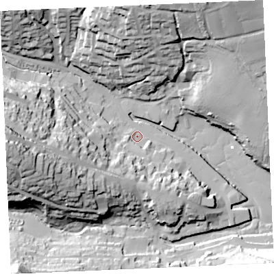 Shaded relief map of the ground around TR108SB, computed from Environment Agency LiDAR. The ground here sits at about 4 m above sea level and falls 54 m across the surrounding 800 m. Surface water reaching this point runs off ground lying to the south-west, 22.6 m higher.