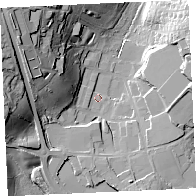 Shaded relief map of the ground around TR109EP, computed from Environment Agency LiDAR. The ground here sits at about 73 m above sea level and falls 54 m across the surrounding 800 m. Surface water reaching this point runs off ground lying to the west, 3.1 m higher.