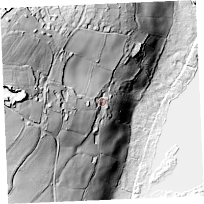 Shaded relief map of the ground around TR109JD, computed from Environment Agency LiDAR. The ground here sits at about 108 m above sea level and falls 99 m across the surrounding 800 m. Surface water reaching this point runs off ground lying to the west, 53.8 m higher.