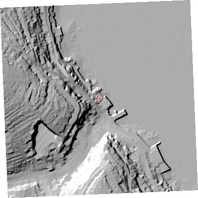Shaded relief map of the ground around TR112AA, computed from Environment Agency LiDAR. The ground here sits at about 5 m above sea level and falls 65 m across the surrounding 800 m. Surface water reaching this point runs off ground lying to the west, 51.3 m higher.