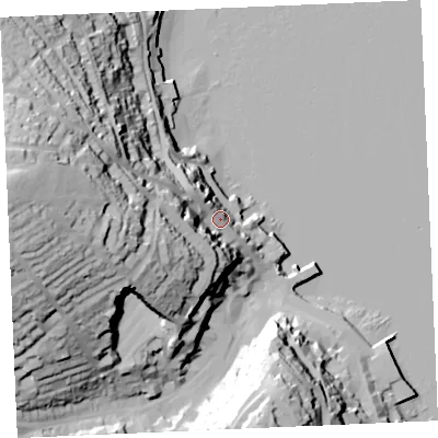 Shaded relief map of the ground around TR112AF, computed from Environment Agency LiDAR. The ground here sits at about 14 m above sea level and falls 71 m across the surrounding 800 m. Surface water reaching this point runs off ground lying to the west-south-west, 37.9 m higher.