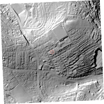 Shaded relief map of the ground around TR112DT, computed from Environment Agency LiDAR. The ground here sits at about 54 m above sea level and falls 58 m across the surrounding 800 m. Surface water reaching this point runs off ground lying to the north-north-east, 14.9 m higher.