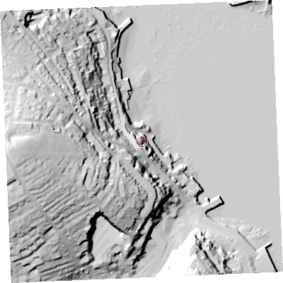 Shaded relief map of the ground around TR112TB, computed from Environment Agency LiDAR. The ground here sits at about 15 m above sea level and falls 72 m across the surrounding 800 m. Surface water reaching this point runs off ground lying to the south-west, 18.8 m higher.