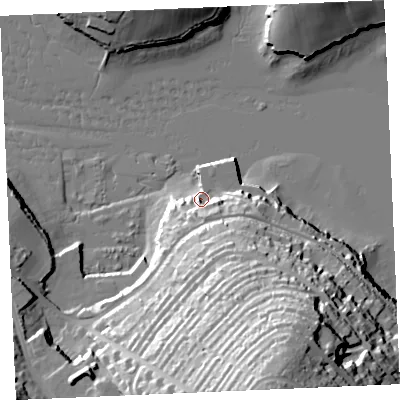 Shaded relief map of the ground around TR112TF, computed from Environment Agency LiDAR. The ground here sits at about 4 m above sea level and falls 54 m across the surrounding 800 m. Surface water reaching this point runs off ground lying to the east-south-east, 14.0 m higher.