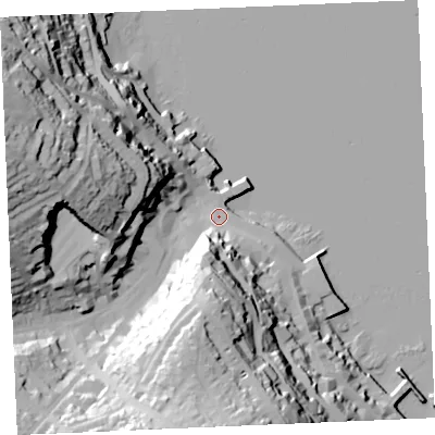Shaded relief map of the ground around TR113AB, computed from Environment Agency LiDAR. The ground here sits at about 4 m above sea level and falls 61 m across the surrounding 800 m. Surface water reaching this point runs off ground lying to the south-south-west, 25.5 m higher.