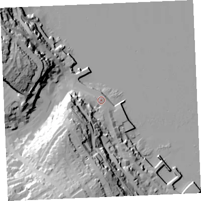Shaded relief map of the ground around TR113AR, computed from Environment Agency LiDAR. The ground here sits at about 5 m above sea level and falls 59 m across the surrounding 800 m. Surface water reaching this point runs off ground lying to the south-west, 34.0 m higher.
