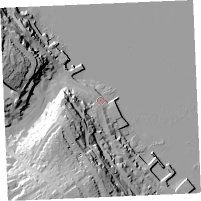 Shaded relief map of the ground around TR113AT, computed from Environment Agency LiDAR. The ground here sits at about 4 m above sea level and falls 60 m across the surrounding 800 m. Surface water reaching this point runs off ground lying to the south-west, 37.5 m higher.