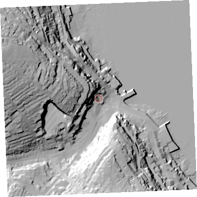 Shaded relief map of the ground around TR113AU, computed from Environment Agency LiDAR. The ground here sits at about 7 m above sea level and falls 69 m across the surrounding 800 m. Surface water reaching this point runs off ground lying to the west, 40.7 m higher.