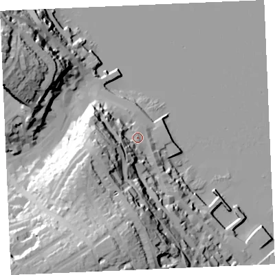 Shaded relief map of the ground around TR113BD, computed from Environment Agency LiDAR. The ground here sits at about 9 m above sea level and falls 60 m across the surrounding 800 m. Surface water reaching this point runs off ground lying to the south-south-west, 47.2 m higher.
