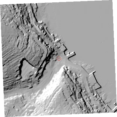 Shaded relief map of the ground around TR113DB, computed from Environment Agency LiDAR. The ground here sits at about 3 m above sea level and falls 66 m across the surrounding 800 m. Surface water reaching this point runs off ground lying to the west-north-west, 59.5 m higher.