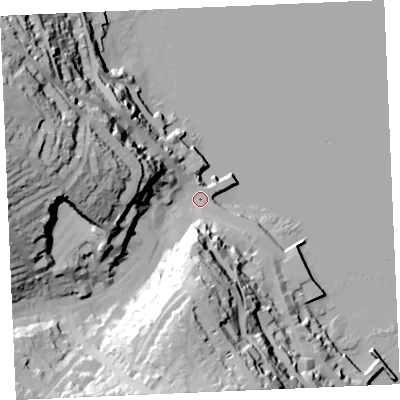 Shaded relief map of the ground around TR113DF, computed from Environment Agency LiDAR. The ground here sits at about 3 m above sea level and falls 62 m across the surrounding 800 m. Surface water reaching this point runs off ground lying to the west-north-west, 55.6 m higher.