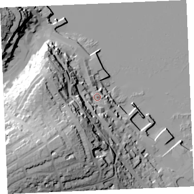 Shaded relief map of the ground around TR113EF, computed from Environment Agency LiDAR. The ground here sits at about 11 m above sea level and falls 60 m across the surrounding 800 m. Surface water reaching this point runs off ground lying to the south-south-west, 9.7 m higher.