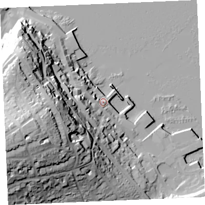 Shaded relief map of the ground around TR113HH, computed from Environment Agency LiDAR. The ground here sits at about 6 m above sea level and falls 60 m across the surrounding 800 m. Surface water reaching this point runs off ground lying to the west-south-west, 51.1 m higher.