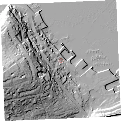 Shaded relief map of the ground around TR113JQ, computed from Environment Agency LiDAR. The ground here sits at about 7 m above sea level and falls 60 m across the surrounding 800 m. Surface water reaching this point runs off ground lying to the west-south-west, 44.2 m higher.