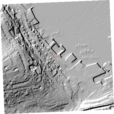 Shaded relief map of the ground around TR113JT, computed from Environment Agency LiDAR. The ground here sits at about 4 m above sea level and falls 59 m across the surrounding 800 m. Surface water reaching this point runs off ground lying to the west, 53.4 m higher.