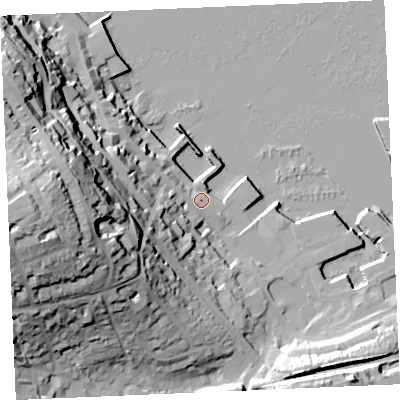 Shaded relief map of the ground around TR113LG, computed from Environment Agency LiDAR. The ground here sits at about 5 m above sea level and falls 59 m across the surrounding 800 m. Surface water reaching this point runs off ground lying to the west-south-west, 33.2 m higher.