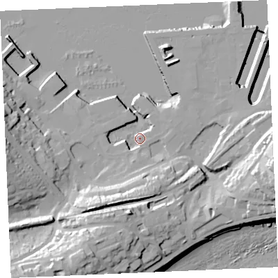 Shaded relief map of the ground around TR113XT, computed from Environment Agency LiDAR. The ground here sits at about 4 m above sea level and falls 39 m across the surrounding 800 m. Surface water reaching this point runs off ground lying to the south-south-west, 26.1 m higher.