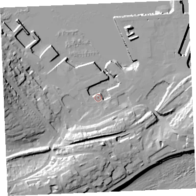 Shaded relief map of the ground around TR113XU, computed from Environment Agency LiDAR. The ground here sits at about 4 m above sea level and falls 38 m across the surrounding 800 m. Surface water reaching this point runs off ground lying to the east-south-east, 5.5 m higher.