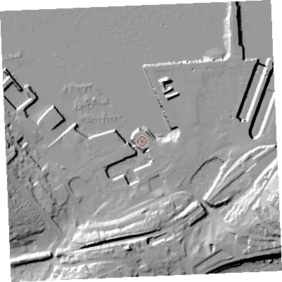 Shaded relief map of the ground around TR113YL, computed from Environment Agency LiDAR. The ground here sits at about 4 m above sea level and falls 36 m across the surrounding 800 m. Surface water reaching this point runs off ground lying to the south-east, 7.0 m higher.