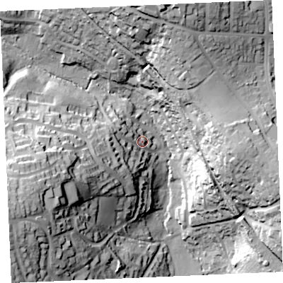 Shaded relief map of the ground around TR114AA, computed from Environment Agency LiDAR. The ground here sits at about 23 m above sea level and falls 58 m across the surrounding 800 m. Surface water reaching this point runs off ground lying to the west-south-west, 20.5 m higher.